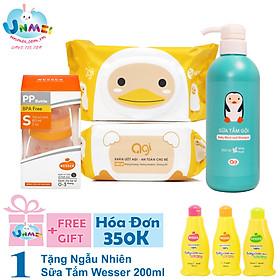 Combo Bé Yêu Sơ Sinh (1 sữa tắm gội Agi 500ml xạ hương, 1 bình sữa PP Wesser 60ml, 2 khăn ướt Agi 100 tờ không hương)