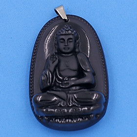 Mặt Phật A Di Đà đá thạch anh đen 4.3cm - phật bản mệnh tuổi Tuất, Hợi - Móc inox
