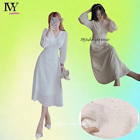 Đầm midi tơ kim sa cổ V đính hạt tay dài xoè dài nude trắng ivy.fashion đi biển dự tiệc dạo phố bigsize