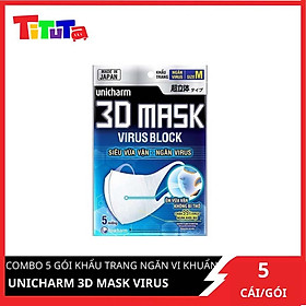 Bộ 5 Gói Khẩu Trang Ngăn Virút Unicharm 3D Mask Virus Block (5 Cái / Gói)