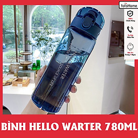 Bình Đựng Nước Nhựa Trong Thể Thao HELLO WATER Cute Dễ Thương 780ml Có Vạch Chia Và Quai Xách