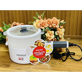 Nồi điện Đa năng Mini 18cm,Lòng gốm Ceramic Cao cấp Hasuka HSK-555 . Tặng kèm xửng hấp- Hàng chính hãng