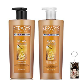 Cặp dầu gội/xả Kerasys Advanced Ampoule Repair phục hồi tóc hư tổn nặng Hàn Quốc (2x 600ml) tặng kèm móc khóa