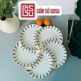 Mua Bộ bát đĩa  bán nguyệt   đĩa sứ họa tiết kẻ trúc kết hợp viền vàng bao quanh độc đáo sang trọng PD121