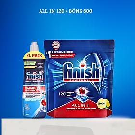 Viên rửa bát Finish 120 viên + Nước làm bóng Finish 800ml dùng cho Máy rửa bát