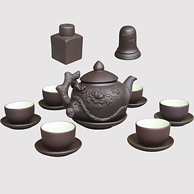 Bộ ấm chén tử sa đen đắp nổi hoa Phù Dung và phụ kiện gốm sứ Bát Tràng (bộ bình uống trà, bình trà