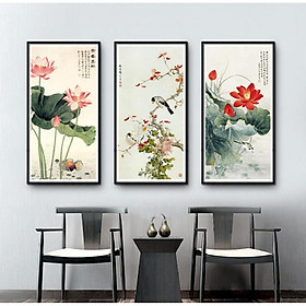 Bộ 3 Tranh Treo Tường Phong Thuỷ Hoa Sen, Liên Hoa Trước Gió ( 35 x 70cm) CV18