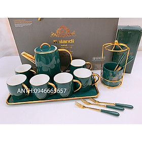 Mua COMBO Bộ ấm chén kèm khay trà  giỏ sứ  6 dĩa ăn hoa quả viền vàng màu xanh cổ vịt