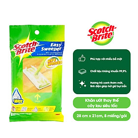 Khăn ướt thay thế cây lau siêu tốc Scotch Brite 3M, 28 cm x 21cm, 8 miếng/gói, kháng khuẩn 99,9%, hương trà xanh thơm mát, tĩnh điện giúp hút và giữ bụi bẩn, tóc,… , phù hợp với nhiều bề mặt