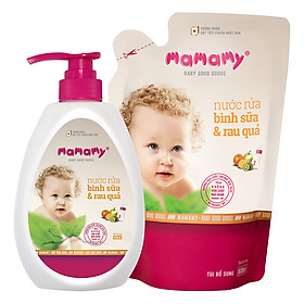 Nước Rửa Bình Sữa Và Rau Quả An Toàn Cho Bé Mamamy (600ml/Chai) + tặng kèm 1 túi bổ sung cùng loại