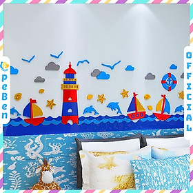 Tranh dán tường mica 3d decor khổ lớn đại dương ngọn hải đăng trang trí mầm non, mẫu giáo, phòng cho bé