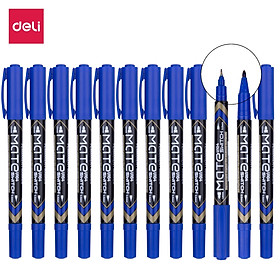 Bút dạ kính 2 đầu Deli - không xóa được, mực vĩnh cửu - Mực Đen/Xanh/Đỏ - 12 cây/hộp - EU10420 / EU10430 / EU10440 - Xanh - EU10430
