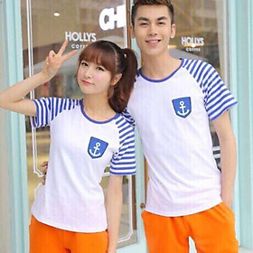 Áo thun đôi unisex sọc navy Freeship