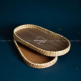 Mua Khay mây oval - Khay oval đế gỗ óc chó - Oval rattan tray