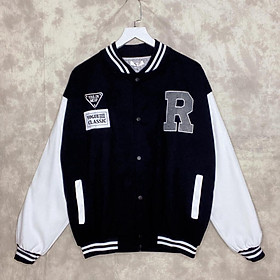 Hình ảnh Áo Khoác Bomber Varsity Jacket Bóng Chày Thêu Chữ  Chất Da Lộn Lót Dù Form Rộng Basic Nam Nữ Unisex Couple Ulzzang