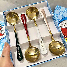 Mua Thìa inox mạ vàng hộp 4 cái khắc hình Doraemon Thìa muỗng inox ăn cơm nhiều màu sang trọng