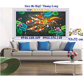 tranh thêu chữ thập cửu ngư quần hội-hoa sen cá chép 88995 (93x52 cm, chưa thêu)