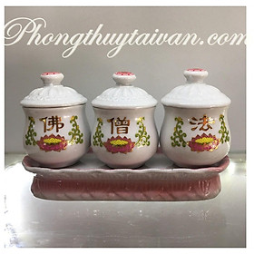 Mua Khay chum nước 3 ly sứ trắng khắc chữ Hán(muối gạo nước)-15cm
