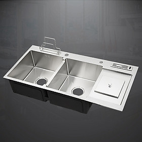 Mua Bồn rửa chén 2 ngăn liền khay có hố rác inox304 thường Navier NV-10048RDT