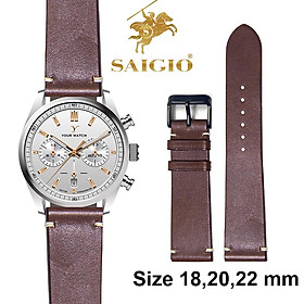 Dây Da Đồng Hồ Nam, 100% Da Bò Thật, Kiểu Dáng Vintage Phẳng Mỏng, Mặt Lót Chống Thấm Mồ Hôi, Tích Hợp Lớp Gia Cố Chống Giãn Đặc Biệt, Phụ Kiện Khóa và Chốt Bằng Thép Không Gỉ 316L - Thương Hiệu SAIGIO - Da Nâu + Khóa Đen - 20-18mm
