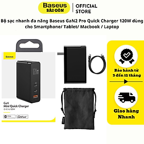 Bộ sạc nhanh đa năng Baseus GaN2 Pro Quick Charger 120W dùng cho Smartphone/ Tablet/ Macbook / Laptop (C+C+A, With C to C Cable, E-mark Chip 100W)- Hàng chính hãng