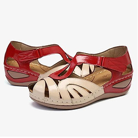 Giày Nữ Mùa Hè Mới Châu Âu Và Mỹ Retro Đầu Tròn Gót Dốc Khóa Chéo Xăng Đan Nữ Sandalias de Mujer Color: Rice red Shoe Size: 40
