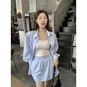 Set Áo sơ mi dài tay kèm váy ngắn màu xanh da trời phong cách trẻ trung cho nữ