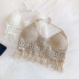 MS591 Áo hai dây lưới đan móc tua rua hở lưng đi biển có mút ngực