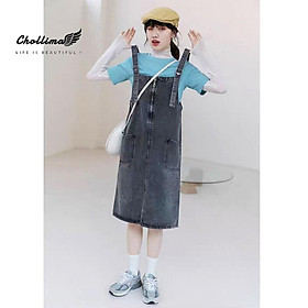 Yếm váy jean Chollima form dài qua gối dây kéo YJ014 phong cách hàn quốc