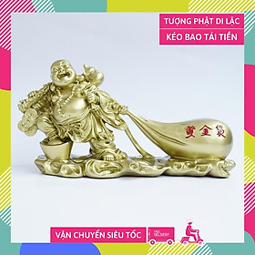 Mua Tượng Phật Di Lặc kéo bao tải tiền mạ đồng cầu tài lộc đúc lớn - Dài 30cm