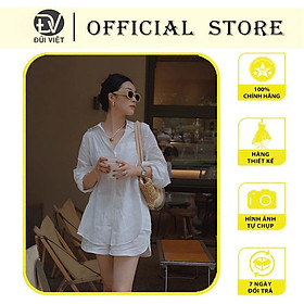 Bộ sơ mi nữ trắng form rộng và quần đùi trẻ trung thời trang mùa xuân hè cho nữ Đũi Việt