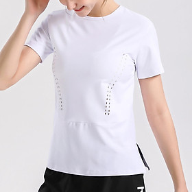 Áo thun nữ cổ chữ O ngắn tay thiết kế đường lỗ thoáng khí 2 bên, áo thun thể thao tập yoga, gym-Màu trắng-Size N