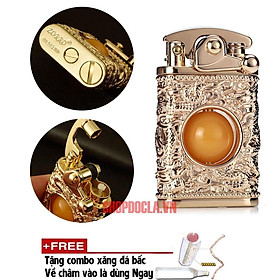 Mua Bật Lửa Xăng Đá Zorro chạm khắc rồng quấn ngọc Mạ Vàng Viên Bi Ở Giữa Có Thể Xoay Tròn