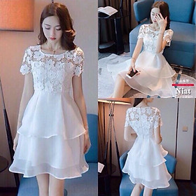 Đầm trắng dự tiệc ren phối lưới xoè tầng S.Free