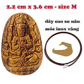 Hình ảnh Mặt Phật Thiên thủ thiên nhãn đá mắt hổ 3.6 cm kèm vòng cổ dây cao su nâu - mặt dây chuyền size M, Mặt Phật bản mệnh, Quan âm bồ tát