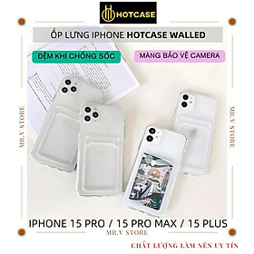 Ốp lưng trong suốt có ngăn đựng thẻ chống sốc cho iPhone 15 Pro Max / 15 Pro / 15 Plus hiệu HOTCASE WALLET - chất liểu dẻo silicon, màng bảo vệ viền camera - Hàng nhập khẩu - Trong Suốt - iPhone 15 Plus