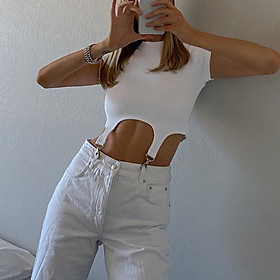 Áo Croptop Ngắn Tay Cổ Tròn Phối Móc Khóa Quần Trắng gợi cảm cho Nữ