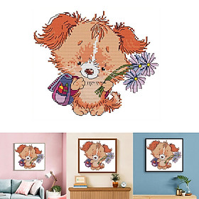 Cross Stitch Kits Stamped Full Range of Embroidery Starter Kit for Beginners DIY Stamped Crossstitch Supplies- A Dog with Flower