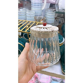 Mua Lọ đựng chè  thực phẩm khô bằng thủy tinh nắp vải vân kẻ sọc ( Giao nắp màu ngẫu nhiên )
