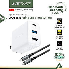 Sạc Acefast GaN 65W cổng USB-C + USB-A + HUB (US) - A19 Hàng chính hãng Acefast