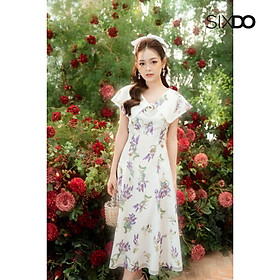 Đầm hoa midi cổ V choàng vai phối hoa thời trang SIXDO