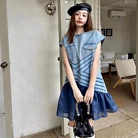 ĐẦM JEANS TAY CON SÁT NÁCH VÁY XÒE XẾP LY NGẮN MIDI XANH PASTEL ĐI CHƠI NOEL ĐI TIỆC DẠO PHỐ ĐI BIỂN