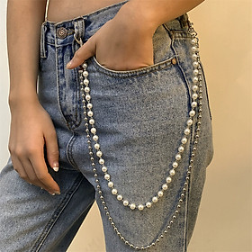 Hình ảnh Xích quần jeans bi hai lớp giả ngọc trai dây chuyền gợi cảm thời trang móc khóa dây thắt lưng hot trend phong cách Âu Mỹ