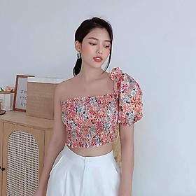 Áo crop hoa nhún chỉ lệch tay