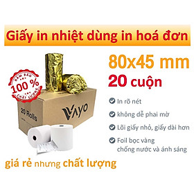 [20 CUỘN] Giấy in nhiệt Giấy in bill VAYO Khổ 80 x 45 mm - In rõ nét - Lõi siêu nhỏ - Hàng chính hãng - 65gsm