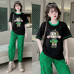 Đồ bộ dài form rộng áo thun cotton logo nhập thêu đắp phối quần thun lạnh in 3D xanh lá hiện đại