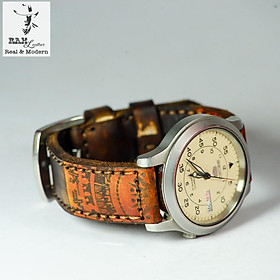 Dây đồng hồ da bò vegtan thảo mộc cao cấp RAM Leather trống đồng nâu medium bền chắc - tặng khóa chốt và cây thay dây - 18MM