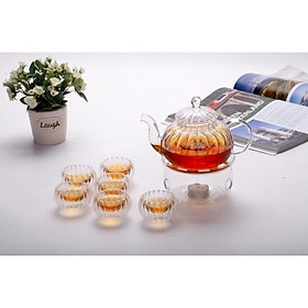 Mua Bộ ấm chén pha trà thủy tinh dáng bí 600ml kèm đế châm nến