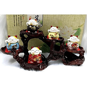 Mua Combo Bộ Tượng 5 Mèo Thần Tài Maneki Mako Ngũ Phúc Lâm Môn (Hàng Đẹp Loại 1 Có Thảm Đỏ Và Miếng Dán Đi Kèm)