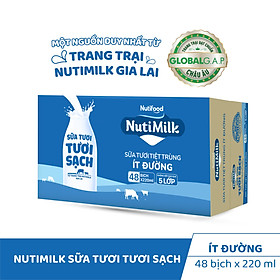 Thùng 48 bịch NutiMilk Sữa tươi 100 điểm - Sữa tươi tiệt trùng Ít đường Bịch 220ml TU.STIDB220TI NUTIFOOD
